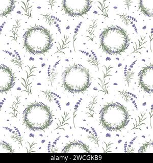 Motivo senza cuciture di corone di lavanda, rami e fiori di lavanda. Design per imballaggi, biancheria da letto, tessuti e altri design. Illustrati vettoriali Illustrazione Vettoriale