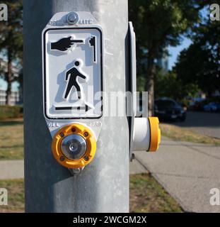 Un pulsante giallo di attraversamento pedonale su un palo Foto Stock