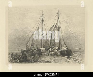 Navi a vela su una spiaggia, Charles Rochussen, 1824 - 1879 stampa ci sono due pink (navi a vela) sulla linea di inondazione, con alcuni pescatori. Acquaforte su carta olandese / nave a vela a secco, barca a vela. fisherman. dentro o accanto all'acqua (sulla spiaggia) Foto Stock