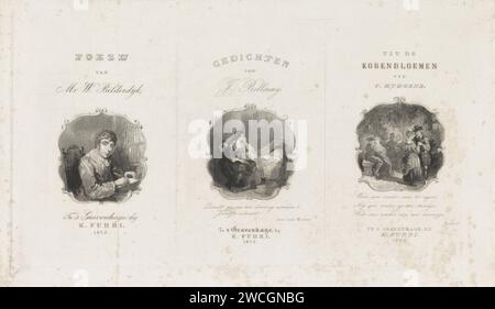 Tre frontespizi per tre diversi libri, Willem Frederik Wehmeyer, 1852 stampano a sinistra una pagina del titolo per: Bilderdijk, W. Poezij, 1852. Nell'immagine, Bilderdijk è seduto su una scrivania. Nel mezzo una pagina del titolo per: Bellamij, J. Poems, 1852 con una madre al letto di un bambino addormentato. Sulla destra un frontespizio per: Huijgens, C. Korenbloemen, 1852. L'immagine mostra le coppie in un giardino o in un parco. Incisione/incisione di persone storiche su carta dell'Aia. autore, poeta che scrive. parti (di abitazioni o edifici). dormire a letto. un paio di amanti. giardino. giardini pubblici, parco. frontespizio Foto Stock