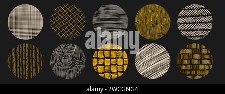 Set di texture a linee a matita disegnate a mano con diversi motivi circolari. Tratteggio trasversale, legno, pioggia, texture stippling Illustrazione Vettoriale