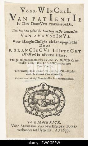 Frontespizio per: Franciscus Lijftocht, voor-Winckel di Patientie in den Droeden opens (…), 1679, dl. 1, Anonimo, 1679 stampare la pagina del titolo del libro degli emblemi con il dado della stampante. Il titolo completo è voor-Winckel of Patientie in Den Droevert opens. Versien con Poetsche Leeringe e la sentenza di Augustine. Per le anime di Klaeghighe organizzate da F. Franciscus Lijftocht Augustijn all'interno di Diest. Assottigliamento di un heer Franciscus David Canoninck Norbertijn, Loflijcken Pastor van Veerle. A Vernoeginghe Aller EER e all'abbazia di Lofweerdighe Heeren van Averbode. VERCIERS CLEED CON SINNE BEXTS. Le deaves della stampante Foto Stock