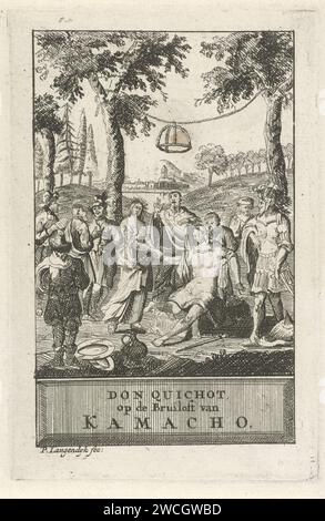 Don Chisciotte sul matrimonio di Kamacho, Pieter Langendijk (i), 1712 - 1714 stampa circondata da spettatori, Quiteria dà al suo sposo Bazilius. In effetti, la storia sarebbe stata sul matrimonio di Quiteria e Kamacho, ma questo divenne quello di Bazilius e Quiteria. Bazilius è ferito, accanto a lui per terra giace la spada con cui pugnalò dal cuore spezzato poco prima del matrimonio. Il suo ultimo desiderio era quello di sposare Quiteria prima della sua morte invece di Kamacho. Dietro la coppia nuziale c'è un prete che mescola il matrimonio. Dopo la benedizione, Bazilius si rialza sano e di nuovo. All'estrema destra, Don Q Foto Stock