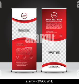Modello di banner roll-up a tema rosso e bianco, design di banner in piedi, pubblicità, volantino ed espositore. Progettazione vettoriale. Illustrazione Vettoriale