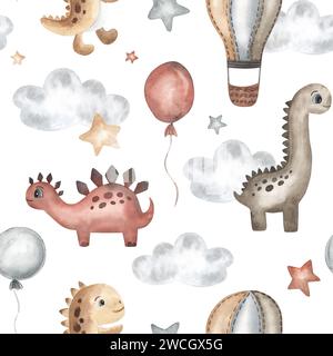 Adorabili dinosauri, mongolfiere, nuvole, aquiloni, farfalle. motivo acquerello senza cuciture, stile boho. Disegnato a mano. Tessuto, tessuto, carta da parati, design. Foto Stock