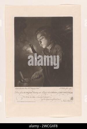 Boy soffia contro una torcia a carbone, John Faber (II), dopo William Shipley, dopo Godfried Schalcken, 1751 stampa London paper etching guance arrotondate. carbone, bruciatore a carbone, collier a legna. notte. giovani, adolescenti. soffiaggio (agitazione di un incendio). luna piena. candela Foto Stock