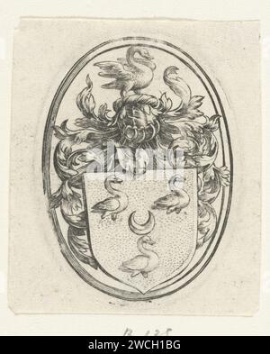 Stemma della famiglia Out, Hendrick Goltzius, 1580 stampa lo stemma della famiglia Out di Haarlem (una mezza luna con tre cigni intorno) in un ovale. Appartiene a un ritratto di un uomo di 26 anni. Cuscinetto araldico per incisione in carta Haarlem, araldica Foto Stock