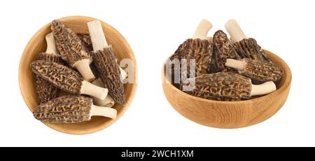 funghi porcini crudi in ciotola di legno isolata su fondo bianco con profondità di campo completa. Vista dall'alto. Giacitura piatta. Foto Stock