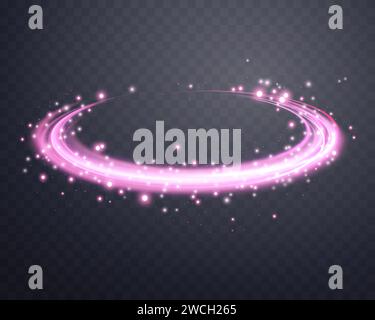 Anelli magici rosa accesi. Anello alare orbitale dinamico. Vortice di Swoosh energetico realistico al neon. Effetto luce astratto su uno sfondo scuro e trasparente. Illustrazione Vettoriale