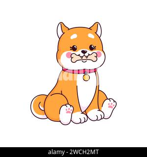 Cartoni animati kawaii simpatico personaggio di cane shiba inu con osso. Simpatico cucciolo vettore di animale domestico giapponese con colletto rosso che gioca con il giocattolo di gomma. Adorabile cane shiba inu o emoji cucciolo Illustrazione Vettoriale