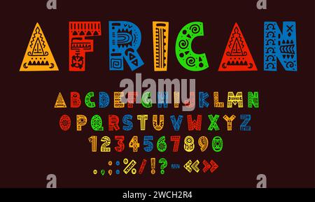Caratteri africani, tribali, caratteri etnici, alfabeto inglese nativo. Caratteri ornati Africa, caratteri e cifre, ABC inglese, numeri vettoriali alfabetici, simboli di punteggiatura con ornamenti tribali Illustrazione Vettoriale