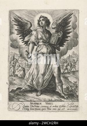 Arcangelo Uriel, Crispijn van de Passe (i), 1574 - 1637 stampa l'Arcangelo Uriel è sulla sua carta destra con un libro nella mano sinistra e un foglio arrotolato. A sinistra sullo sfondo, Uriel rimprovera il sacerdote Ezra. A destra sullo sfondo i due discepoli che Cristo incontra sulla via per Emmaus. A margine una didascalia bidirezionale in latino. Stampa da una serie con arcangeli. Sconosciuta incisione di carta di altri arcangeli, oltre a Michael, Gabriel e Raphael: Uriel. Ezra e l'arcangelo Uriel (2 Esdra 4:1). Cleopas e Pietro incontrano Cristo (a volte sono vestiti da pellegrini) Foto Stock