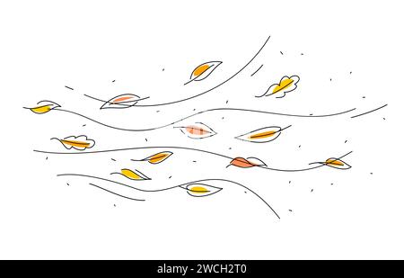 L'aria del vento e le foglie autunnali dei doodle si muovono. Stampa di contorni autunnali con vento, sfondo di linee autunnali o sfondo vettoriale lineare che soffia il vento. Modello doodle a onda di flusso d'aria con foglie di alberi volanti Illustrazione Vettoriale