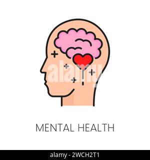 Icona di salute mentale, testa umana vettoriale isolata con cervello e cuore all'interno. Il segno sottile rappresenta l'importanza del benessere mentale e promuove la comprensione, il supporto, la consapevolezza e l'accettazione Illustrazione Vettoriale