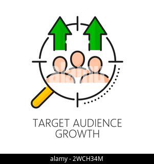 Crescita del pubblico di destinazione. SEM. Marketing sui motori di ricerca. Campagna di marketing online, analisi dei risultati SEO o annunci Internet simbolo vettoriale delle prestazioni con i clienti, lente di ingrandimento e mirino Illustrazione Vettoriale