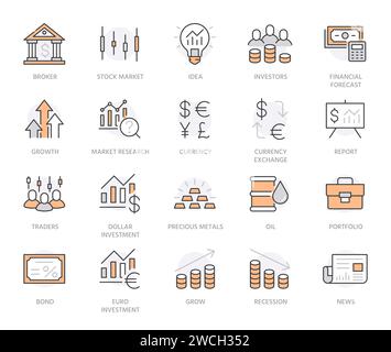 Serie di icone della linea di investimento. Mercato azionario, obbligazione, analisi finanziaria, broker, aumento di reddito minimo illustrazione vettoriale. Semplice profilo segno investitore Illustrazione Vettoriale