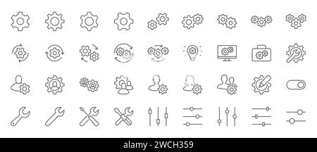Icona della riga delle impostazioni impostata. Ruota dentata, supporto, chiave, cacciavite, sviluppo, configurazione, barra degli strumenti, impostazione di illustrazioni vettoriali minime. Semplici segnali di contorno Illustrazione Vettoriale