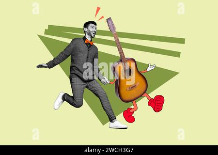 Immagine di collage creativo che gestisce un giovane chitarrista fantasy Dream Walking guitar concerto concerto performance musicista evento Foto Stock