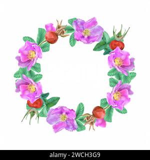 Rosa, fiori, foglie, bacche, corona. Illustrazione grafica isolata su sfondo bianco. Elemento di design per schede, inviti, volantini, banner, Foto Stock