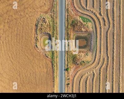 Vista aerea su una strada di campagna con colture e una diga su ciascun lato a Moolort, nel Victoria centrale, Australia. Foto Stock