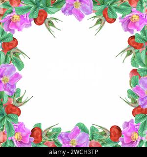 Rosa, fiori, foglie, bacche, cornice quadrata. Illustrazione grafica isolata su sfondo bianco. Elemento di design per schede, inviti, volantini, divieto Foto Stock