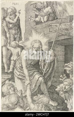 Discesa nel pre-borter, Jan Harmensz. Muller, dopo Lucas van Leyden, 1613 - 1622 stampa Cristo scende nel pre-borter con una croce in mano e salva le anime. Dietro di lui ci sono Adam ed Eva. In alto a destra un demone. Carta di Amsterdam che incide Cristo nel mondo sotterraneo, straziante dell'inferno, Cristo nel Limbo, "descensus ad inferos", "Anastasis" Foto Stock