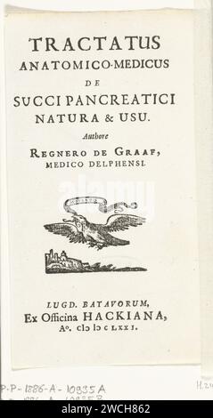 Titelpagina voor: Reinier de Graaf, trattato anatomico-medico del succo di natura e pratica pancreatica, Leida, 1671, 1671 stampa pagina del titolo per: Reinier de Graaf, Tractatus anatomico-Medicus de Succi Pancreatics natura & Usu, Leida, 1671, con il marchio di stampatori della famiglia Hackius con il motto: Movendo. Leiden paper letterpress Printing title-page. dispositivo (marchio di fabbrica della stampante o dell'editore) Foto Stock