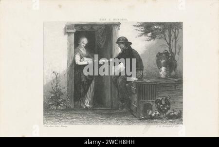 Donna e uomo con un giovane gattino, Johann Heinrich Maria Hubert Rennefeld, dopo Hein Burgers, l'impronta del 1867 su una porta è una giovane donna con un giovane gattino sul braccio. Accanto alla porta c'è un giovane su un pollaio, per il quale un gallo e due polli. L'uomo tiene una lama d'erba con il gattino e fuma un tubo. Carta Amsterdam, incisione/incisione Cat. pollaio Foto Stock