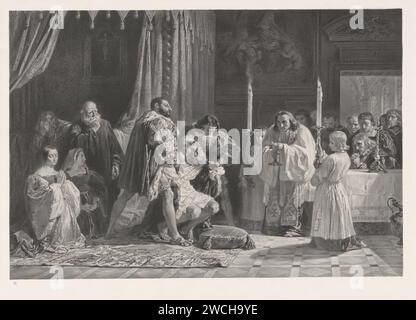 Dood van Leonardo da Vinci, Adolphe Mouilleron, dopo Jean Francois Gigoux, 1835 - 1881 stampa il pittore morente è sostenuto da re Frans I.. Cerca di lasciar inginocchiare il pittore per un prete che si avvicina all'ultimo sacramento. Giornale di Parigi. morte in vecchiaia. pittore in situazione di non lavoro. re Foto Stock