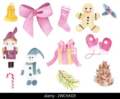 Set di acquerelli disegnati a mano per l'anno nuovo. Bell, arco, calzino regalo, l'uomo del pan di zenzero, vischio, schiaccianoci, pupazzo di neve, lecca lecca, guanti a maglia, regalo c Foto Stock