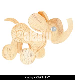 acquerello elefante in legno disegnato a mano su ruote, illustrazione del giocattolo per bambini, isolato su sfondo bianco. Foto Stock