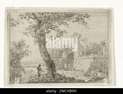 Paesaggio con rovine, Anonimo, dopo Cornelis Ouboter van der Griendt, 1807 - 1868 stampa paesaggio con rovine e quattro figure. C'è un albero in primo piano. paesaggio con macchie di carta Foto Stock