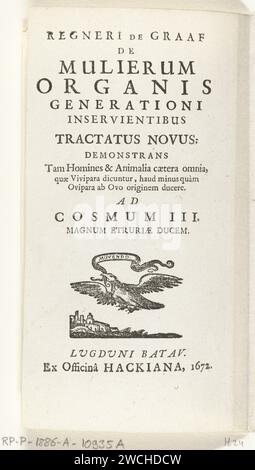 Titelpagina voor: Reinier de Graaf, la generazione di strumenti femminili del nuovo trattato NUOVO, Leida, 1672, 1672 stampa Titelpagina voor: Reinier de Graaf, la generazione di strumenti femminili del nuovo trattato NUOVO, Leida, 1672, met het drukkersmerk van de familie Hackius met het motto: Muoversi. Leiden paper letterpress Printing title-page. dispositivo (marchio di fabbrica della stampante o dell'editore) Foto Stock