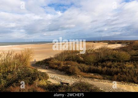 La spiaggia di Vrouwenpolder su Walcheren, sullo sfondo la barriera orientale della Schelda e le turbine eoliche, Zelanda, Paesi Bassi. Der Strand bei Vrouw Foto Stock