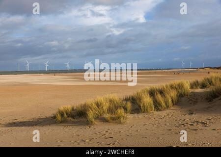 La spiaggia di Vrouwenpolder su Walcheren, sullo sfondo la barriera orientale della Schelda e le turbine eoliche, Zelanda, Paesi Bassi. Der Strand bei Vrouw Foto Stock