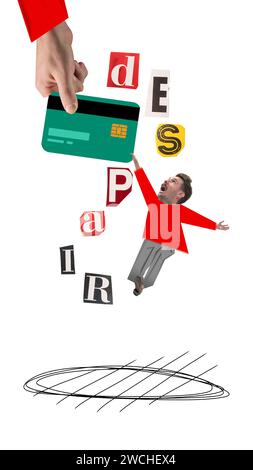 Uomo che cerca di prendere la carta di credito. Sentendo disperazione. Situazione finanziaria instabile. Collage d'arte contemporanea. Foto Stock