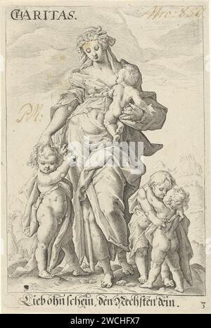 Liefde (Caritas), anonimo, dopo Jacob Matham, dopo Hendrick Goltzius, 1587 - 1637 stampa l'amore personalizzato; Una figura femminile circondata da bambini. Carità per incisione su carta, "Caritas"; "CaritÃ" (Ripa)  una delle tre virtù teologiche Foto Stock