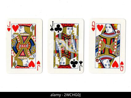 Carte da gioco vintage che mostrano un paio di jack e una regina isolati su uno sfondo bianco. Foto Stock