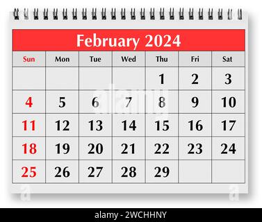 Una pagina del calendario mensile annuale - mese di febbraio 2024 Foto Stock