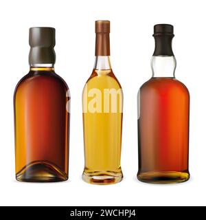 Set di bottiglie di brandy. Design realistico delle bottiglie di whisky marrone, illustrazione vettoriale. Confezione di bevande alcoliche per marchio pubblicitario, etichetta e logo. Illustrazione Vettoriale