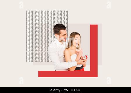 Il ritratto collage di Guy regala uno stupendo anello di fidanzamento della ragazza passione d'amore isolato su sfondo creativo bianco Foto Stock