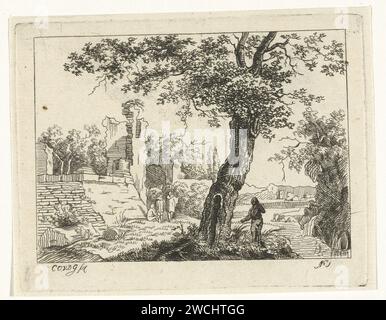 Paesaggio con rovine, Cornelis Ouboter van der Griendt, stampa 1807 - 1868 paesaggio con rovine e quattro figure. C'è un albero in primo piano. paesaggio con macchie di carta Foto Stock