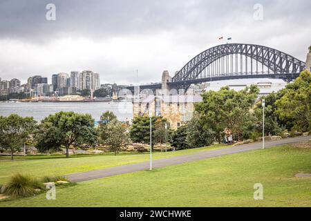 Vista su Sydney e Harbour Bridge, Sydney, Australia Foto Stock