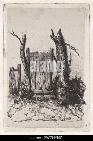 Cancello in legno con canna piovana, Jan Gerard Smits, stampa del 1855 la carta dell'Aia. cancello di incisione, ingresso Foto Stock