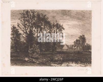 Paesaggio con quattro salici e un ruscello, Alfred Elsen, fattoria di incisione di carta stampata del 1881 o casa solitaria nel paesaggio. alberi: willow. brook Foto Stock