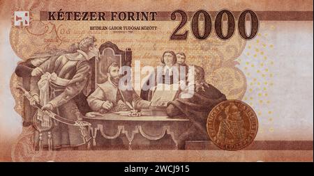 Banconote in valuta nazionale ungherese denominate nel 2000, vista posteriore Foto Stock