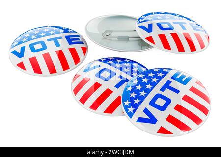 Vota distintivi, elezioni negli Stati Uniti, concetto. Rendering 3D isolato su sfondo bianco Foto Stock
