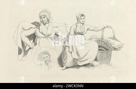 Foglio di studio con due donne e una testa, Jacob Ernst Marcus, 1808 stampa rivista Study con una donna seduta con il braccio appoggiato sul manico di un cesto, una donna con la mano al fianco e la testa di una donna anziana con un cappuccio. Figura seduta incisa sulla carta di Amsterdam - AA - figura umana femminile. contenitore di materiale vegetale diverso dal legno: cestello Foto Stock