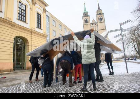 Magdeburg, Germania. 16 gennaio 2024. I cittadini della città di Magdeburgo e i dipendenti della Workers' Welfare Association (AWO) piegano una venticinque colombe di pace in cartoni di latte accanto al municipio. La grande colomba di carta della pace è stata creata come parte della settimana della campagna "One City for All", che dura fino al 27 gennaio 2024. L'occasione è il 79° anniversario della distruzione di Magdeburgo nella seconda guerra mondiale. In serata, un "canto per una città aperta" si svolgerà sull'Alter Markt di fronte al municipio. Credito: Klaus-Dietmar Gabbert/dpa/Alamy Live News Foto Stock