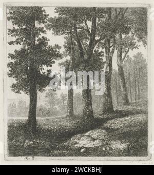 Vista di un bordo della foresta, Hermanus Jan Hendrik Rijkelijkhuizen, 1823 - 1883 stampa carta Utrecht. acquaforte / foresta a secco, legno. brook. giro in asino (sulla spiaggia) Foto Stock